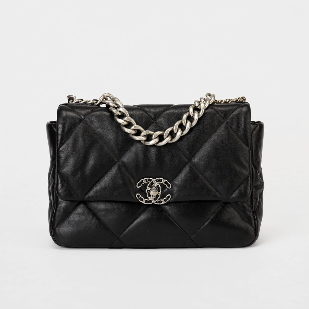 Chanel Small 19 Flap Bag Black Quilted Lambskin Leather Silver Hardware
