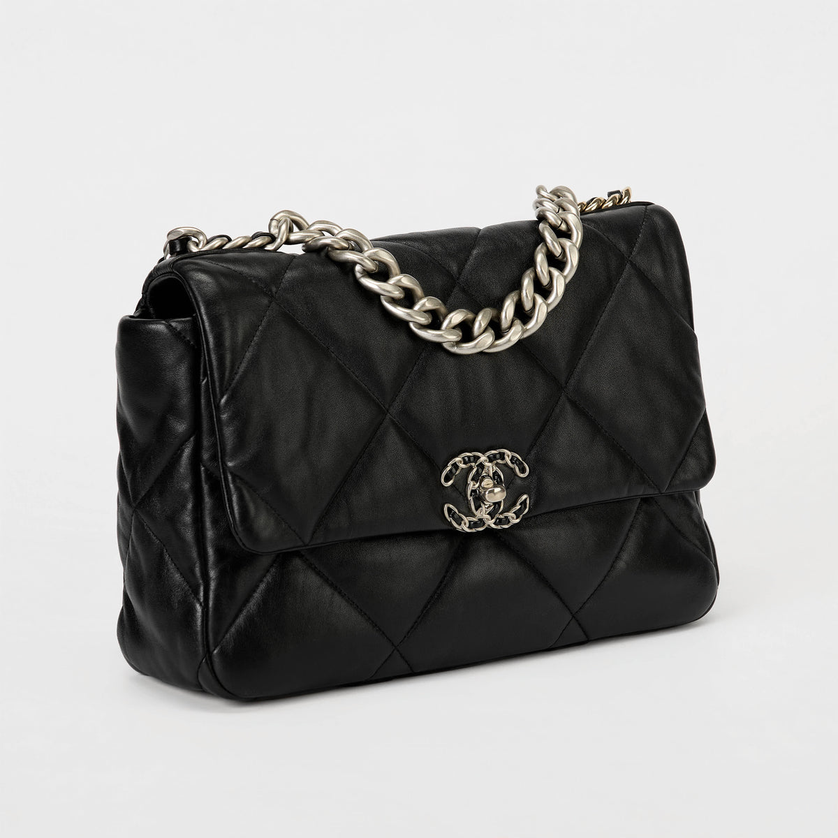 Chanel Small 19 Flap Bag Black Quilted Lambskin Leather Silver Hardware
