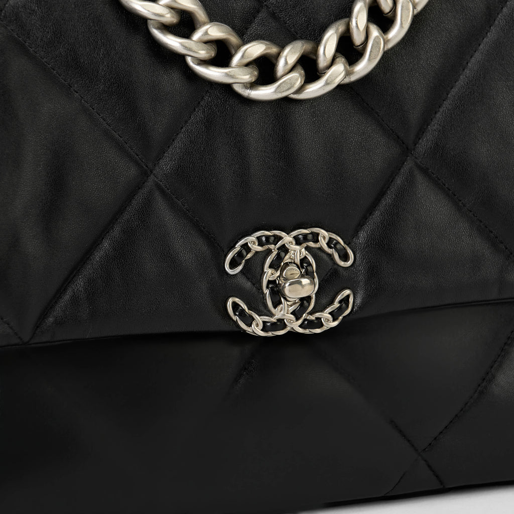 Chanel Small 19 Flap Bag Black Quilted Lambskin Leather Silver Hardware