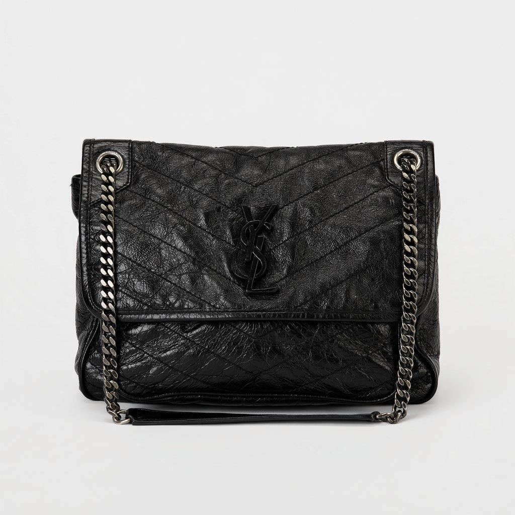 YSL Medium Niki Shoulder Bag Black Crinkle Quilted Leather Silver Hardware