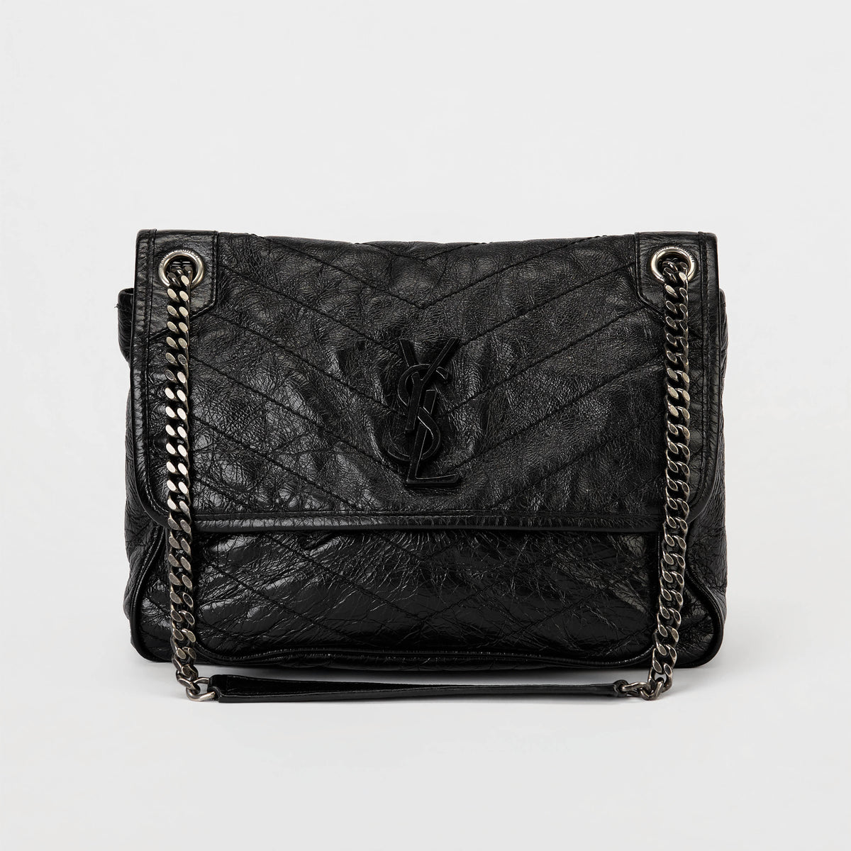 YSL Medium Niki Shoulder Bag Black Crinkle Quilted Leather Silver Hardware