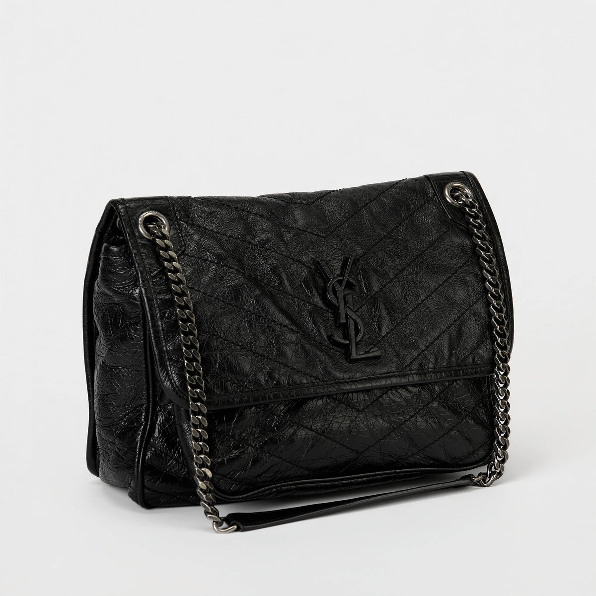 YSL Medium Niki Shoulder Bag Black Crinkle Quilted Leather Silver Hardware