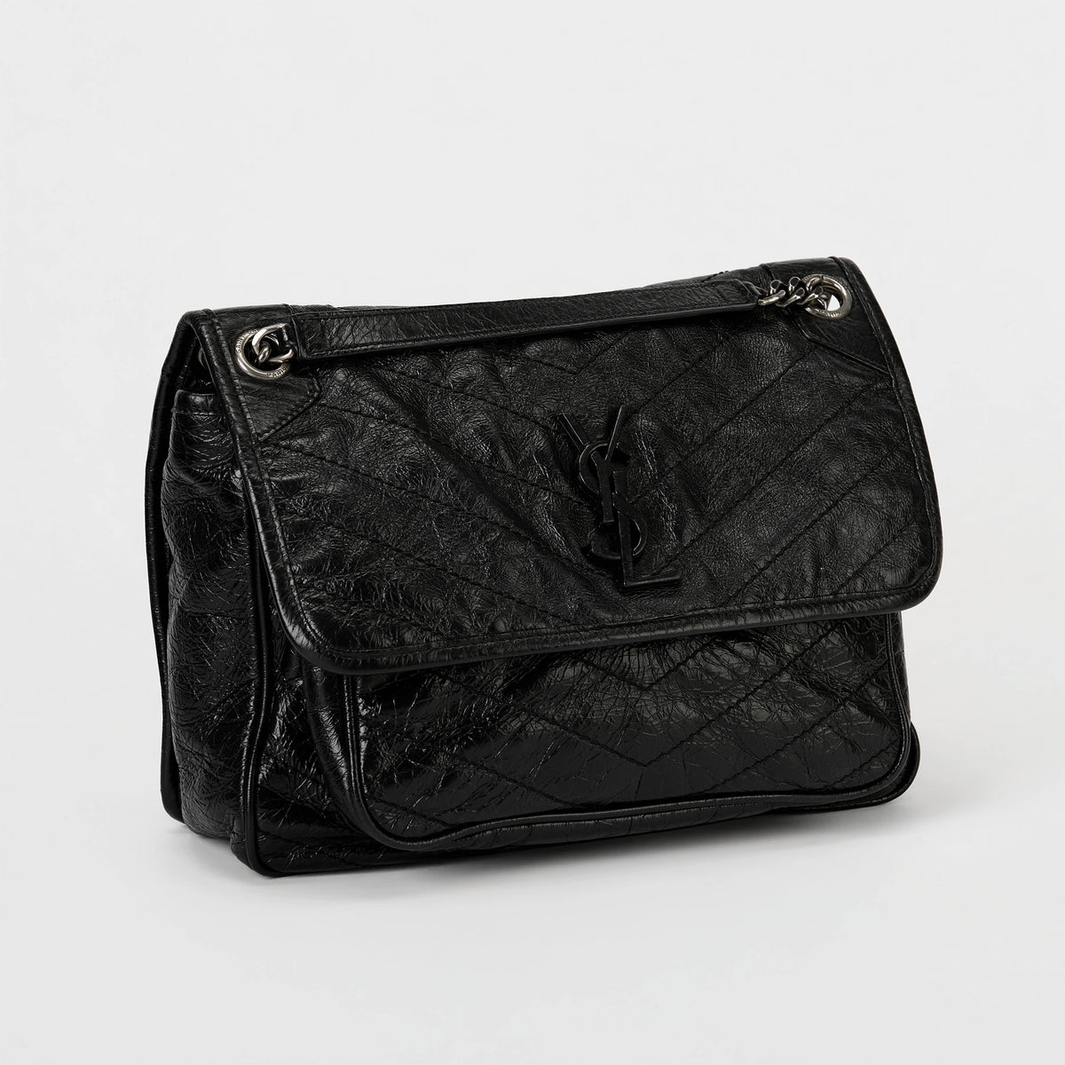 YSL Medium Niki Shoulder Bag Black Crinkle Quilted Leather Silver Hardware