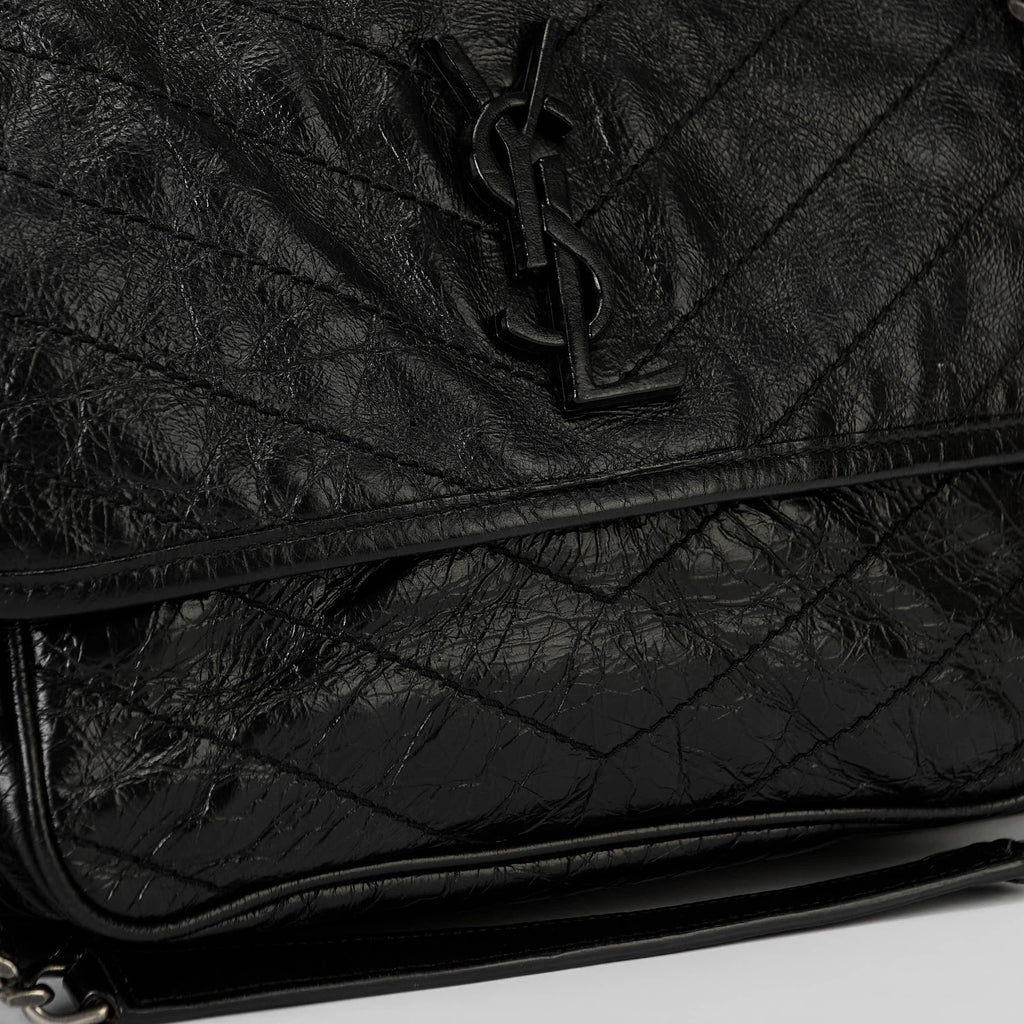 YSL Medium Niki Shoulder Bag Black Crinkle Quilted Leather Silver Hardware