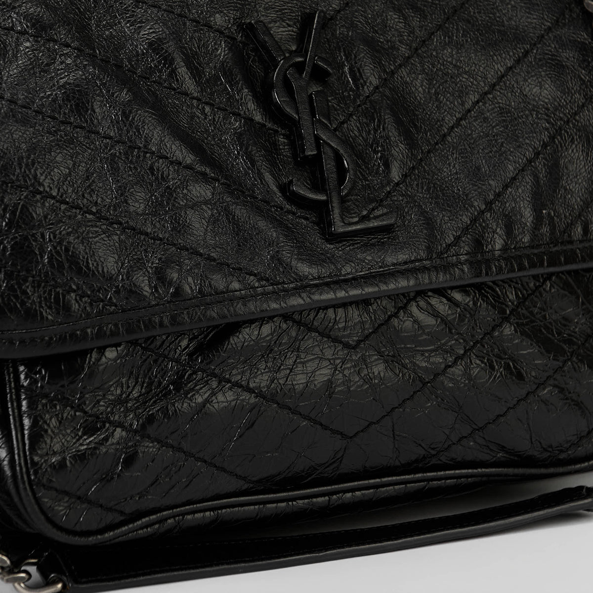 YSL Medium Niki Shoulder Bag Black Crinkle Quilted Leather Silver Hardware