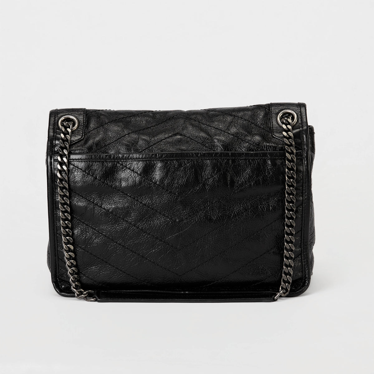 YSL Medium Niki Shoulder Bag Black Crinkle Quilted Leather Silver Hardware