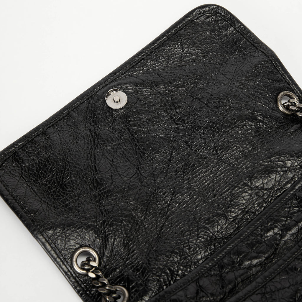 YSL Medium Niki Shoulder Bag Black Crinkle Quilted Leather Silver Hardware