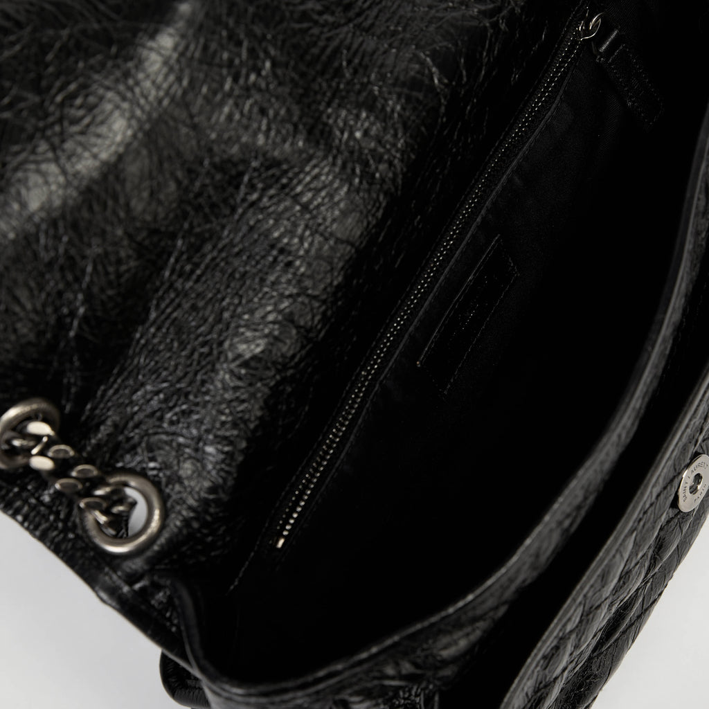 YSL Medium Niki Shoulder Bag Black Crinkle Quilted Leather Silver Hardware
