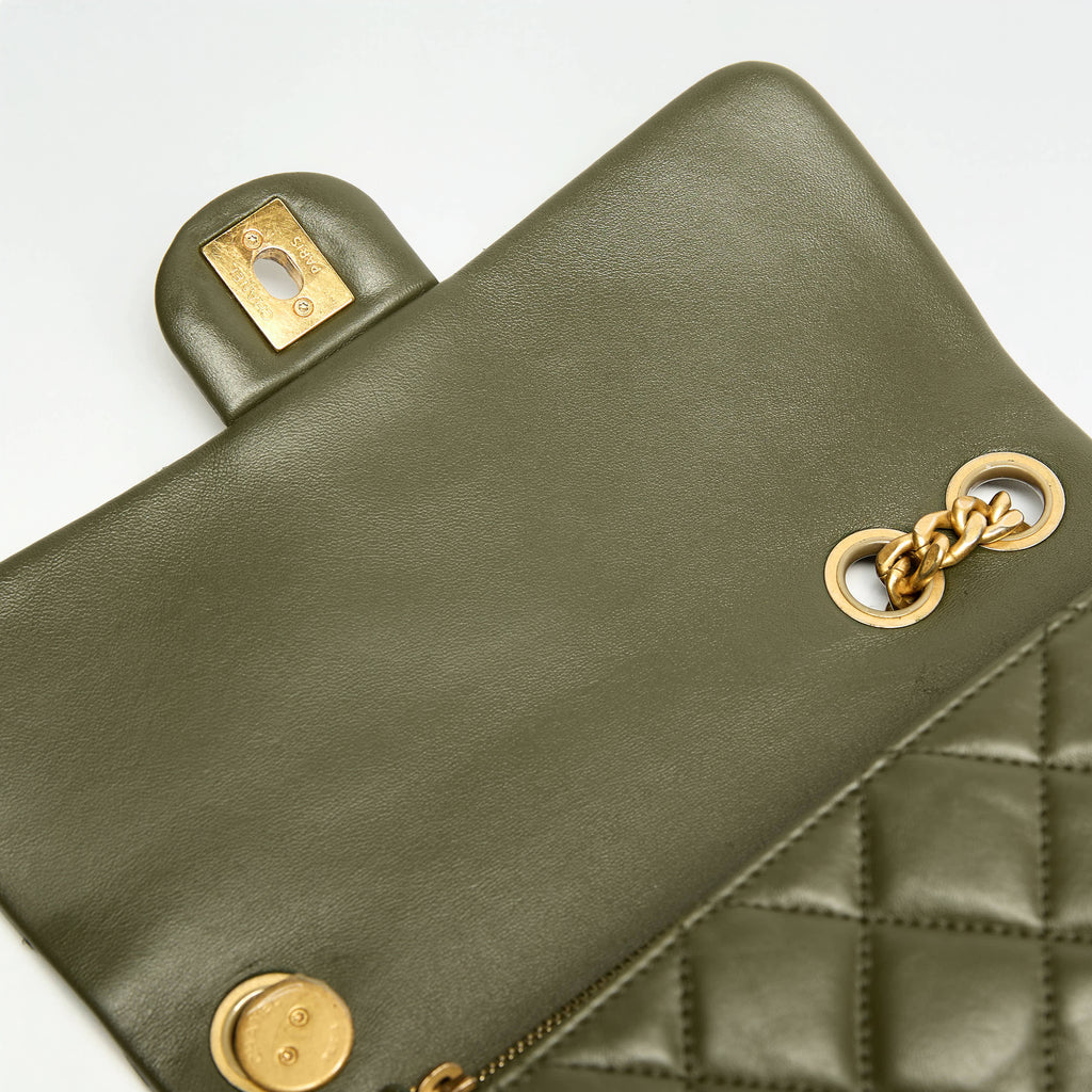 Chanel Medium Camellia Turnlock Flap Bag Olive Green Quilted Lambskin Leather Gold Hardware