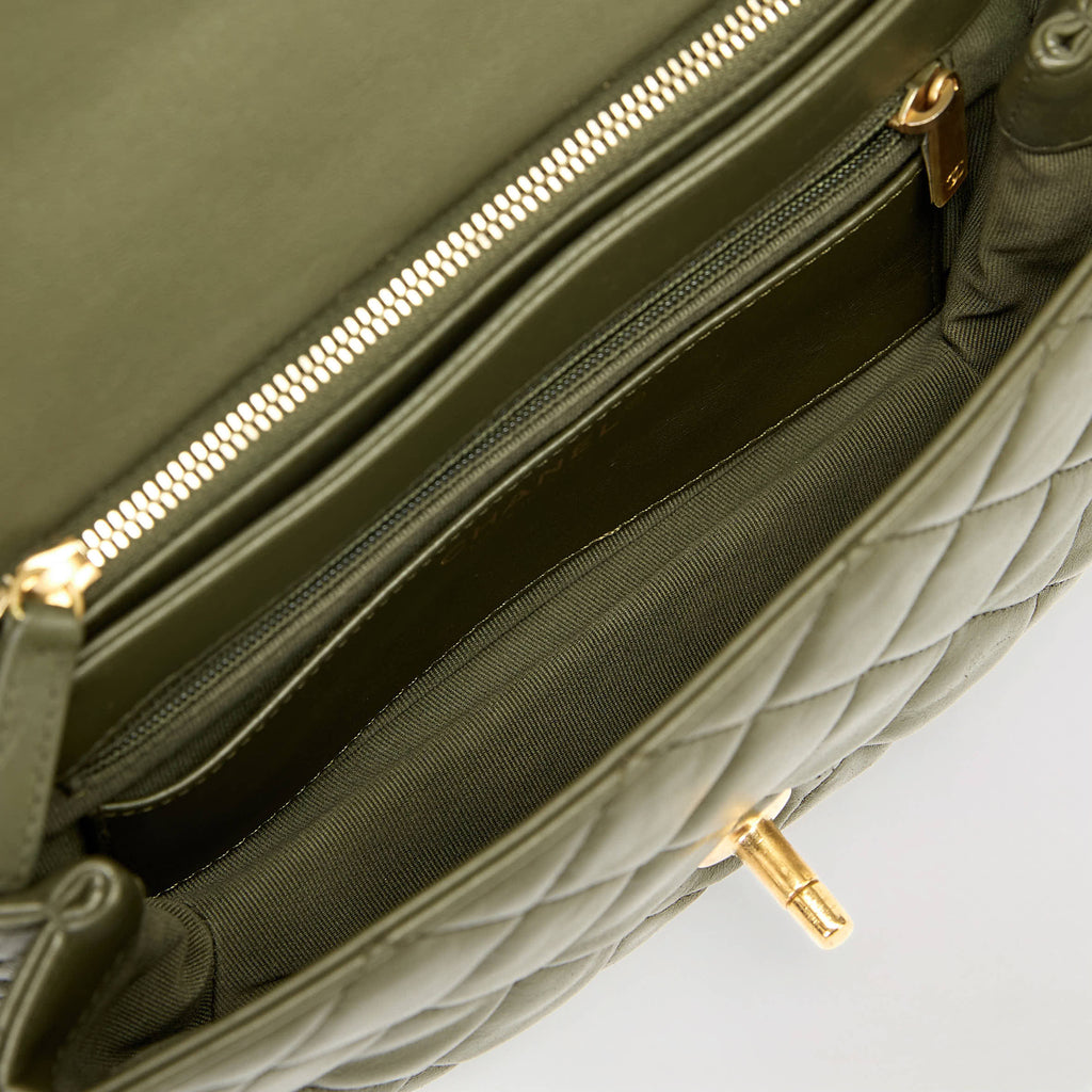 Chanel Medium Camellia Turnlock Flap Bag Olive Green Quilted Lambskin Leather Gold Hardware