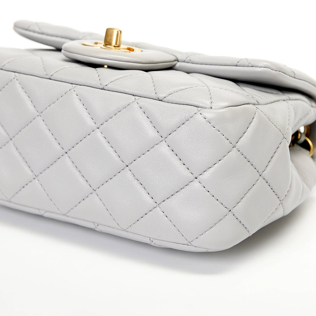 Chanel Mini Pearl Ball Flap Bag Light Grey Quilted Lambskin Leather Gold Hardware