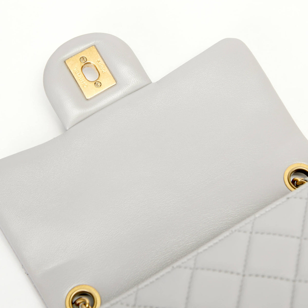 Chanel Mini Pearl Ball Flap Bag Light Grey Quilted Lambskin Leather Gold Hardware