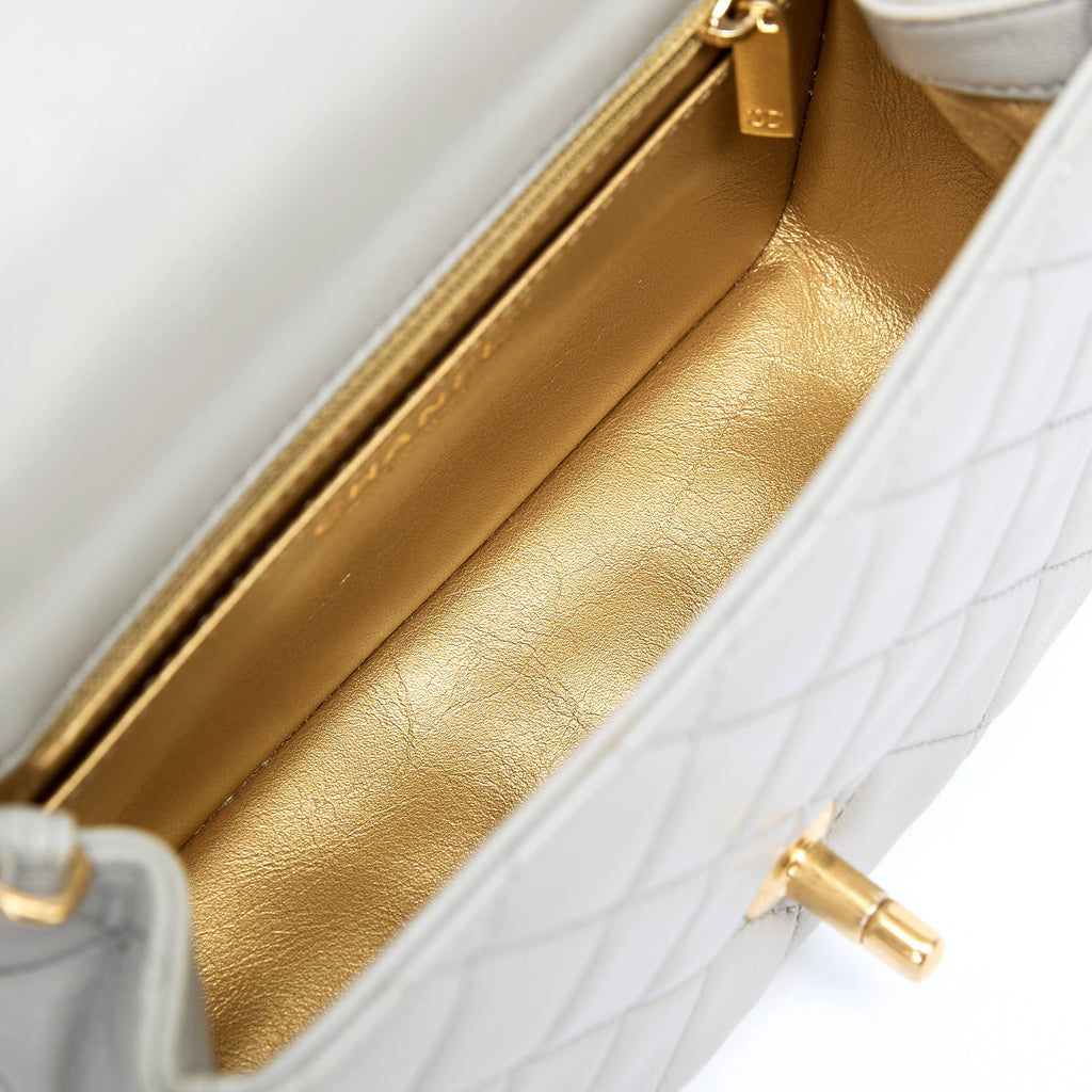 Chanel Mini Pearl Ball Flap Bag Light Grey Quilted Lambskin Leather Gold Hardware