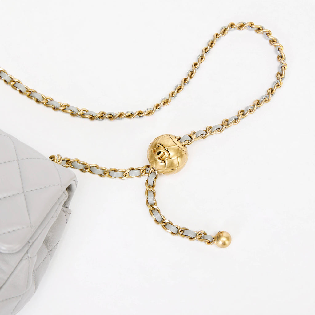 Chanel Mini Pearl Ball Flap Bag Light Grey Quilted Lambskin Leather Gold Hardware
