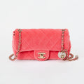 Chanel Mini Crystal Pearl Ball Flap Bag Hot Pink Quilted Velvet Leather Gold Hardware