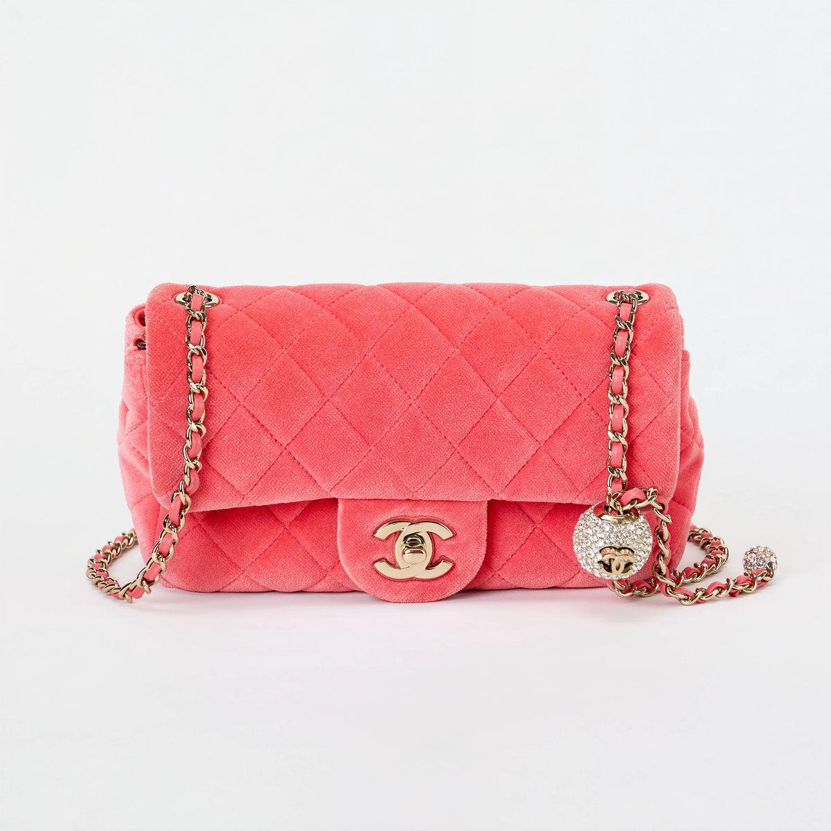 Chanel Mini Crystal Pearl Ball Flap Bag Hot Pink Quilted Velvet Leather Gold Hardware