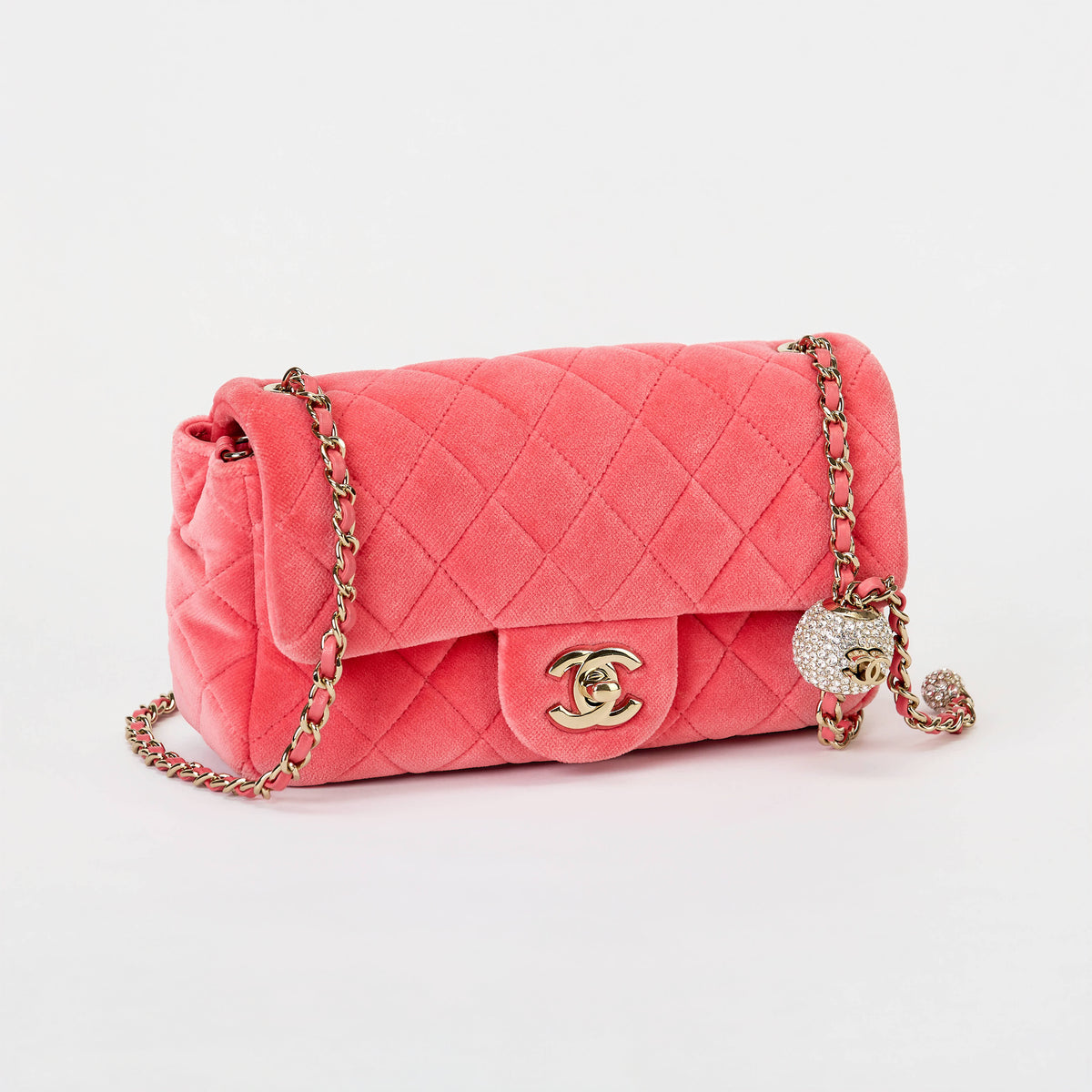 Chanel Mini Crystal Pearl Ball Flap Bag Hot Pink Quilted Velvet Leather Gold Hardware