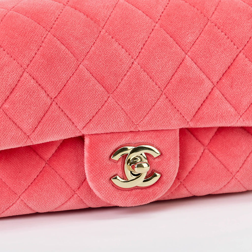 Chanel Mini Crystal Pearl Ball Flap Bag Hot Pink Quilted Velvet Leather Gold Hardware
