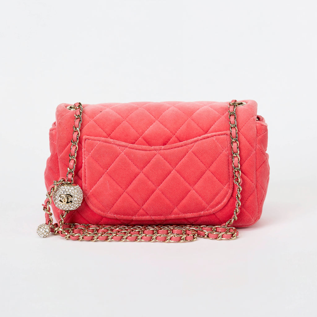 Chanel Mini Crystal Pearl Ball Flap Bag Hot Pink Quilted Velvet Leather Gold Hardware
