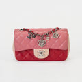 Chanel Classic Flap Bag Tri‑Color Pink Red Beige Quilted Lambskin Silver Hardware With Charms