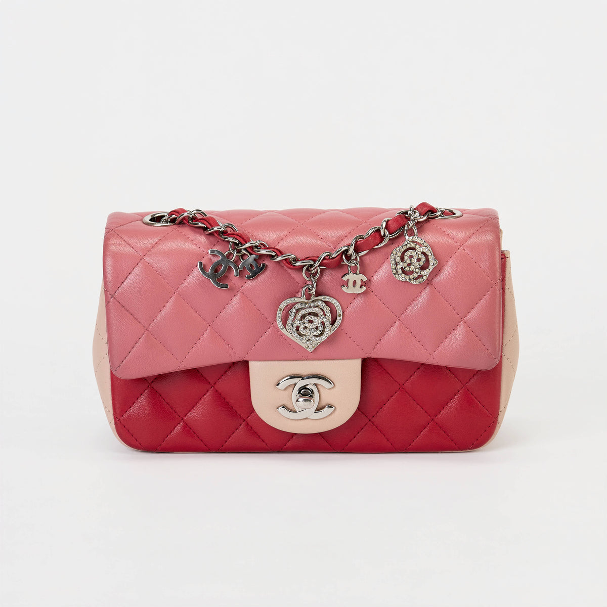 Chanel Classic Flap Bag Tri‑Color Pink Red Beige Quilted Lambskin Silver Hardware With Charms