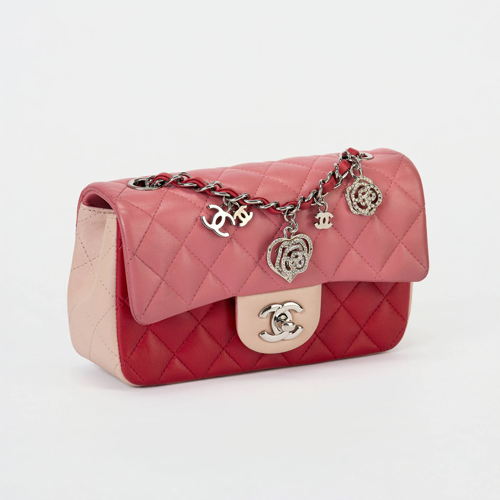 Chanel Classic Flap Bag Tri‑Color Pink Red Beige Quilted Lambskin Silver Hardware With Charms