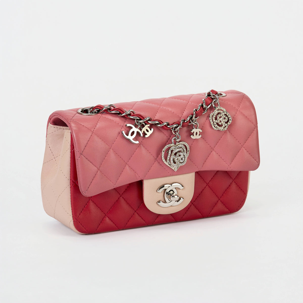 Chanel Classic Flap Bag Tri‑Color Pink Red Beige Quilted Lambskin Silver Hardware With Charms