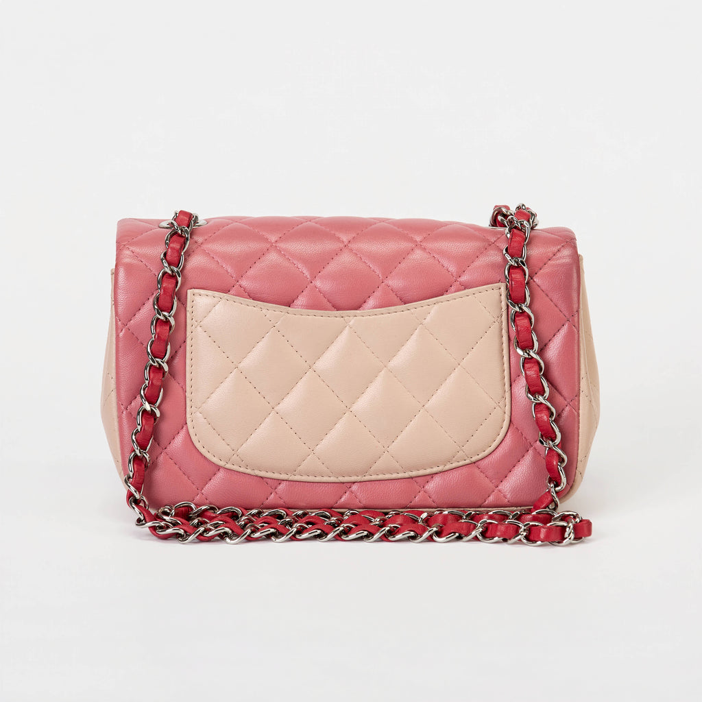 Chanel Classic Flap Bag Tri‑Color Pink Red Beige Quilted Lambskin Silver Hardware With Charms