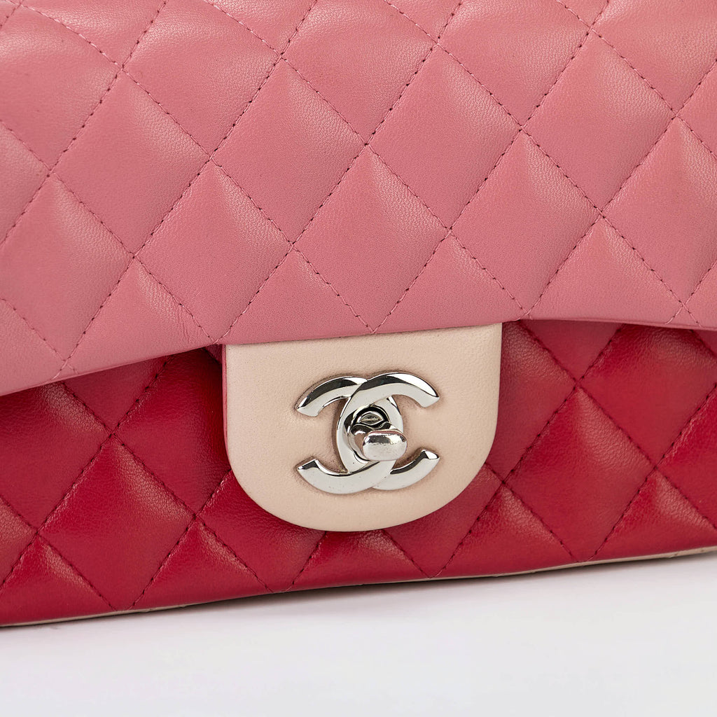 Chanel Classic Flap Bag Tri‑Color Pink Red Beige Quilted Lambskin Silver Hardware With Charms