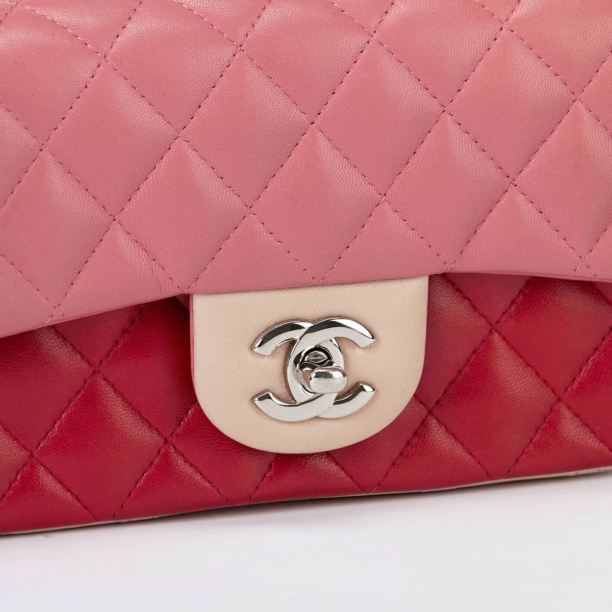 Chanel Classic Flap Bag Tri‑Color Pink Red Beige Quilted Lambskin Silver Hardware With Charms