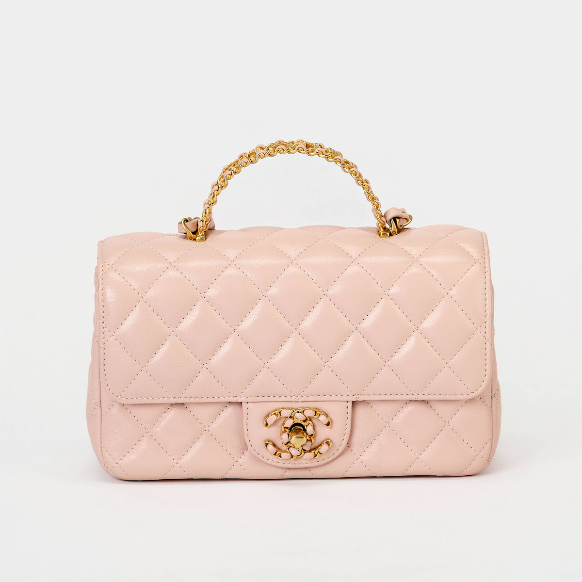 Chanel Quilted Flap Bag Light Pink Lambskin Chain‑Woven Top Handle Gold Hardware