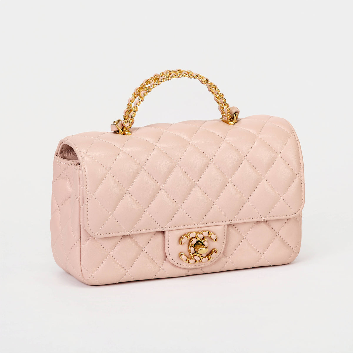 Chanel Quilted Flap Bag Light Pink Lambskin Chain‑Woven Top Handle Gold Hardware