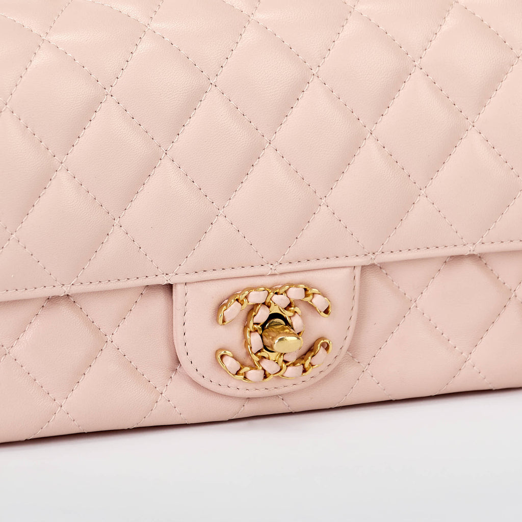 Chanel Quilted Flap Bag Light Pink Lambskin Chain‑Woven Top Handle Gold Hardware