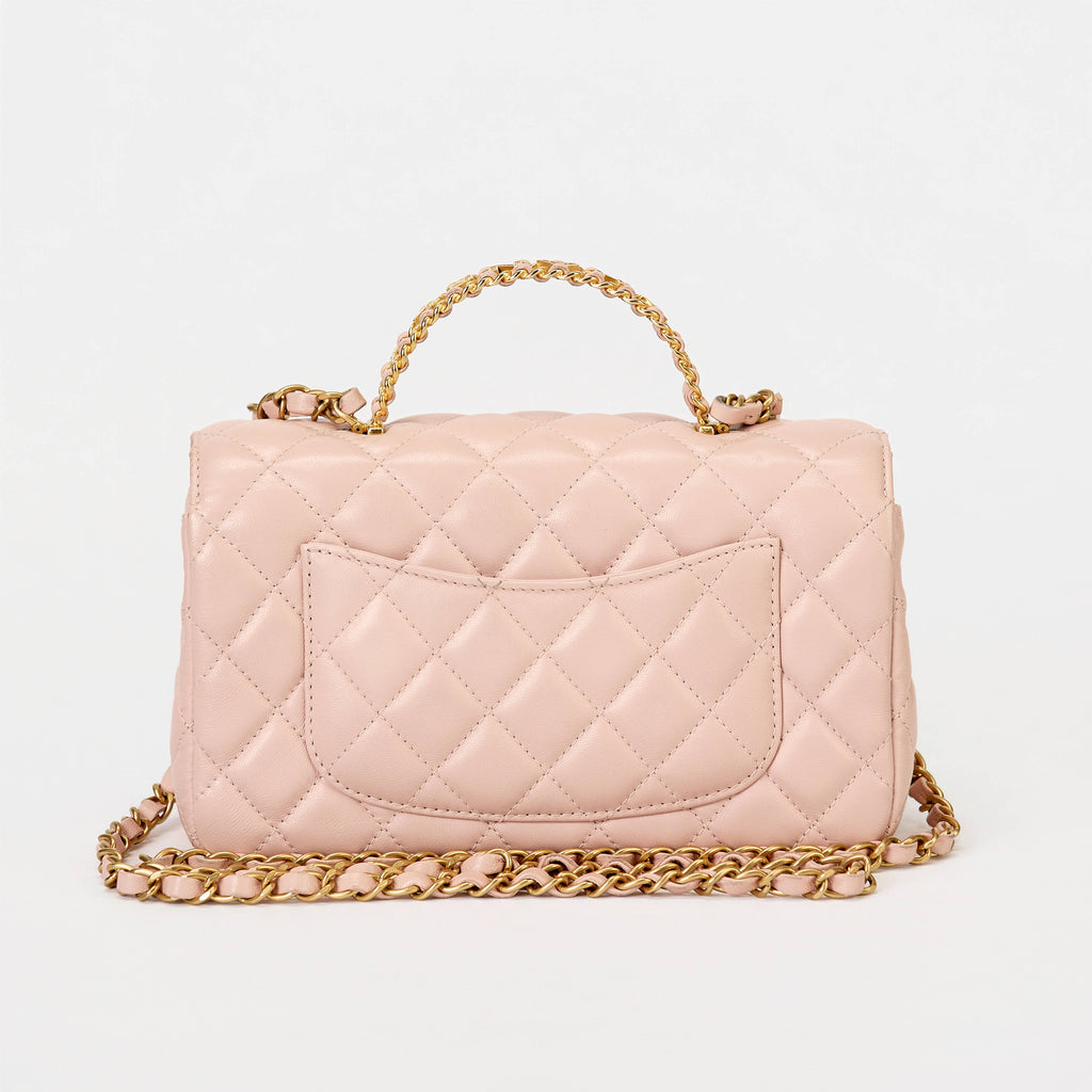 Chanel Quilted Flap Bag Light Pink Lambskin Chain‑Woven Top Handle Gold Hardware
