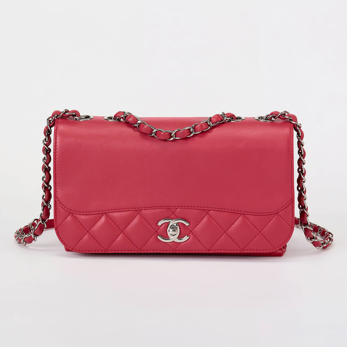 Chanel Flap Bag Fuchsia Pink Smooth Lambskin Partial Quilt Silver‑Tone Hardware