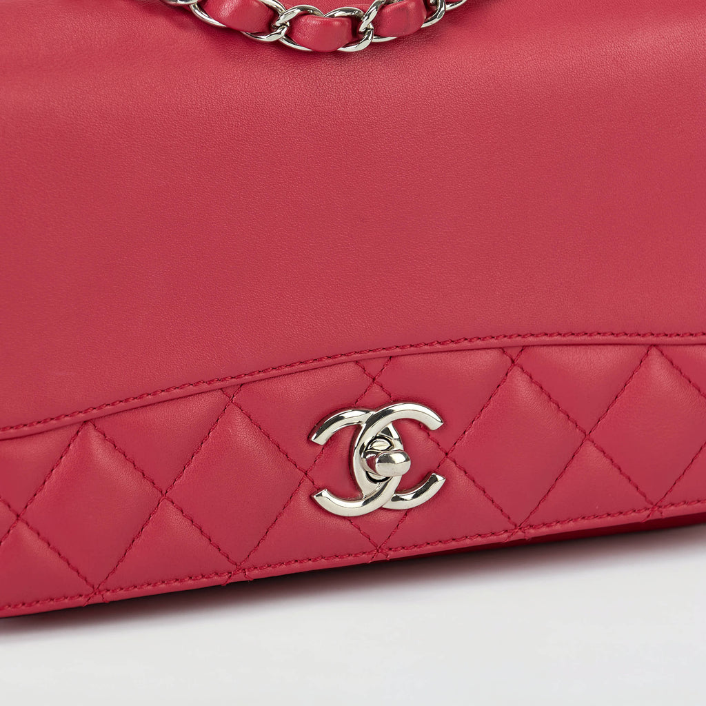 Chanel Flap Bag Fuchsia Pink Smooth Lambskin Partial Quilt Silver‑Tone Hardware