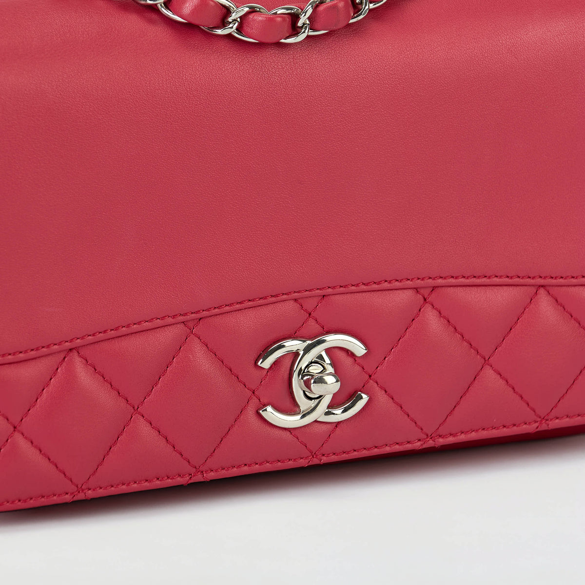 Chanel Flap Bag Fuchsia Pink Smooth Lambskin Partial Quilt Silver‑Tone Hardware