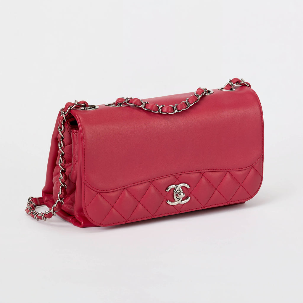 Chanel Flap Bag Fuchsia Pink Smooth Lambskin Partial Quilt Silver‑Tone Hardware