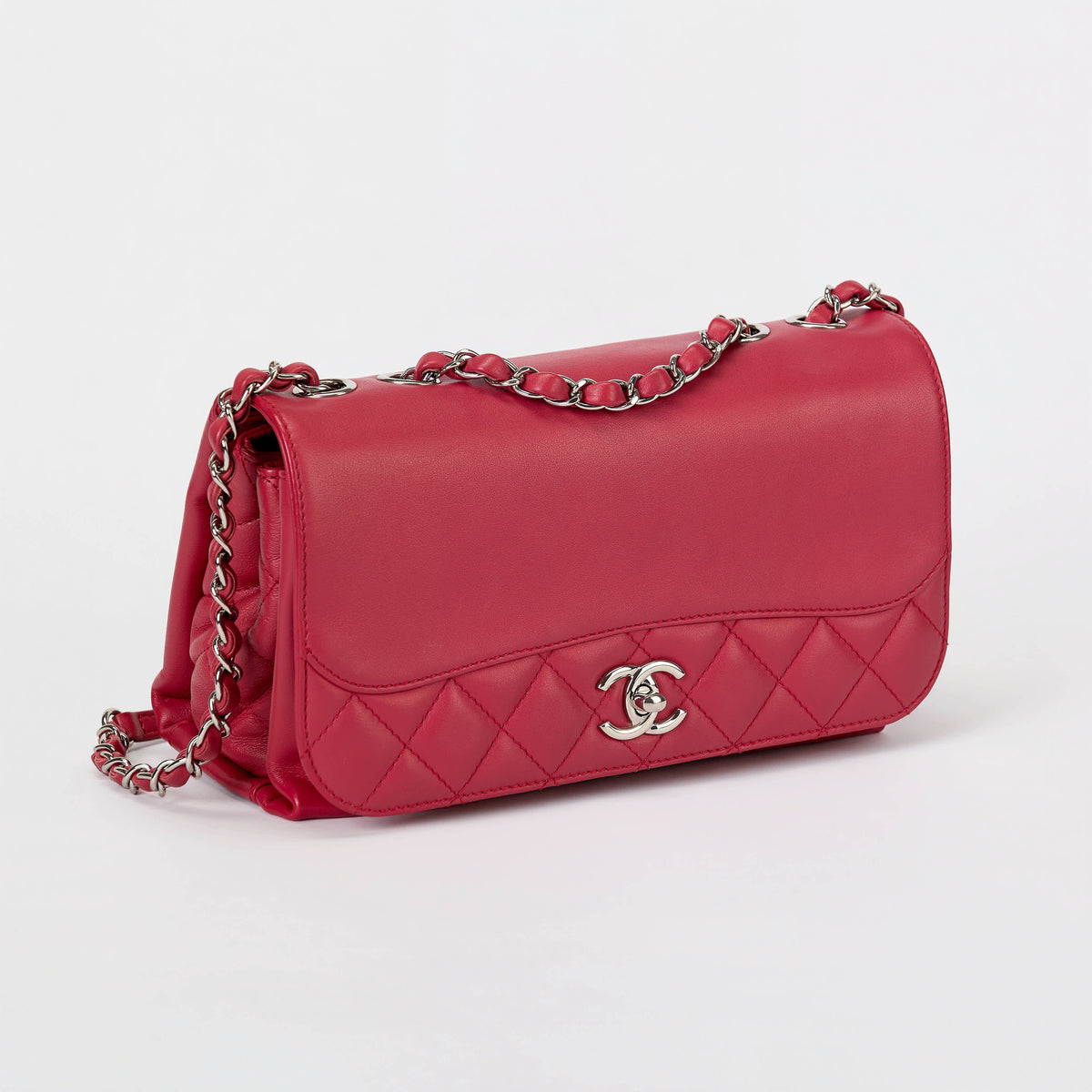 Chanel Flap Bag Fuchsia Pink Smooth Lambskin Partial Quilt Silver‑Tone Hardware