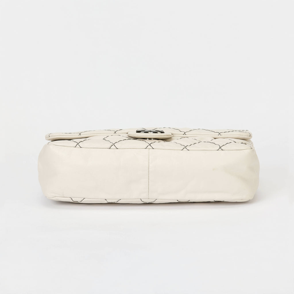 Chanel Flap Bag Off‑White Lambskin Contrast Black Stitching Ruthenium‑Tone Hardware