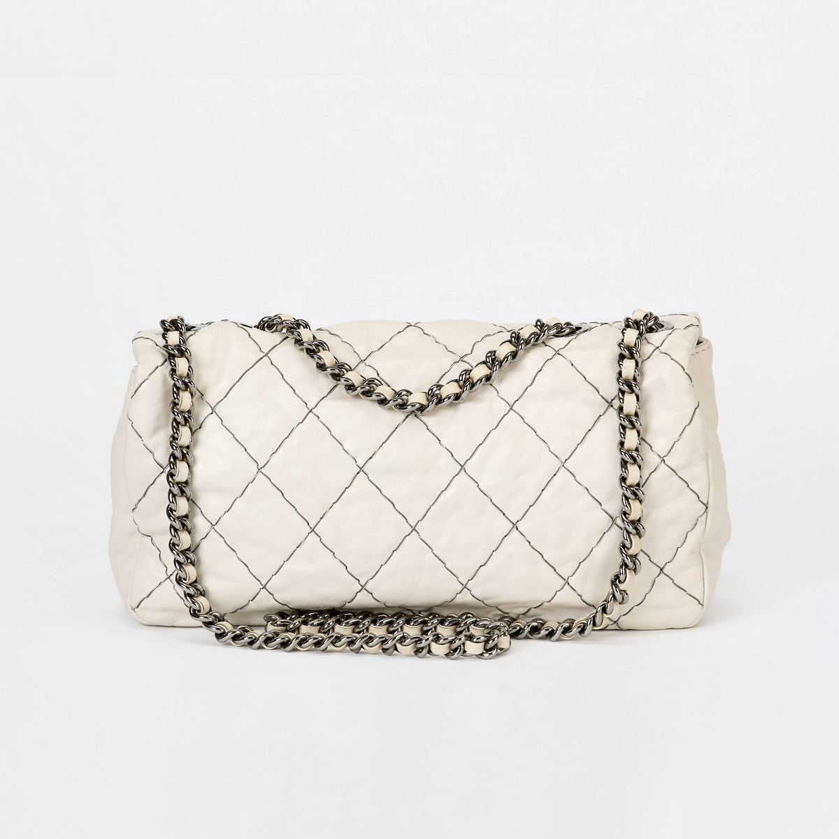 Chanel Flap Bag Off‑White Lambskin Contrast Black Stitching Ruthenium‑Tone Hardware