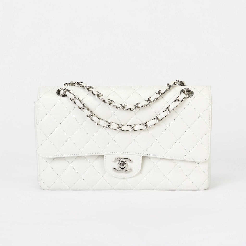 Chanel Classic Flap Bag White Caviar Leather Silver‑Tone Hardware