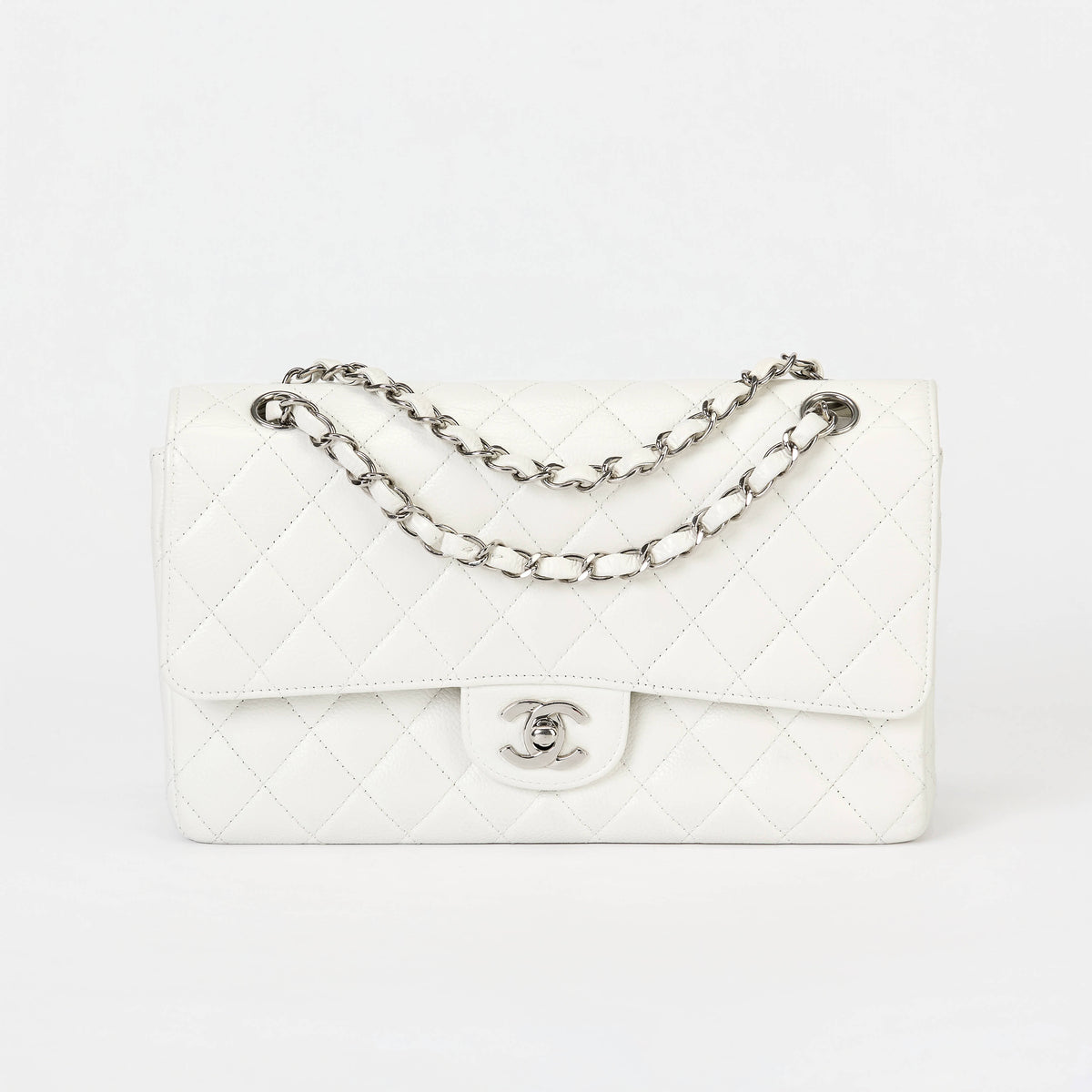 Chanel Classic Flap Bag White Caviar Leather Silver‑Tone Hardware