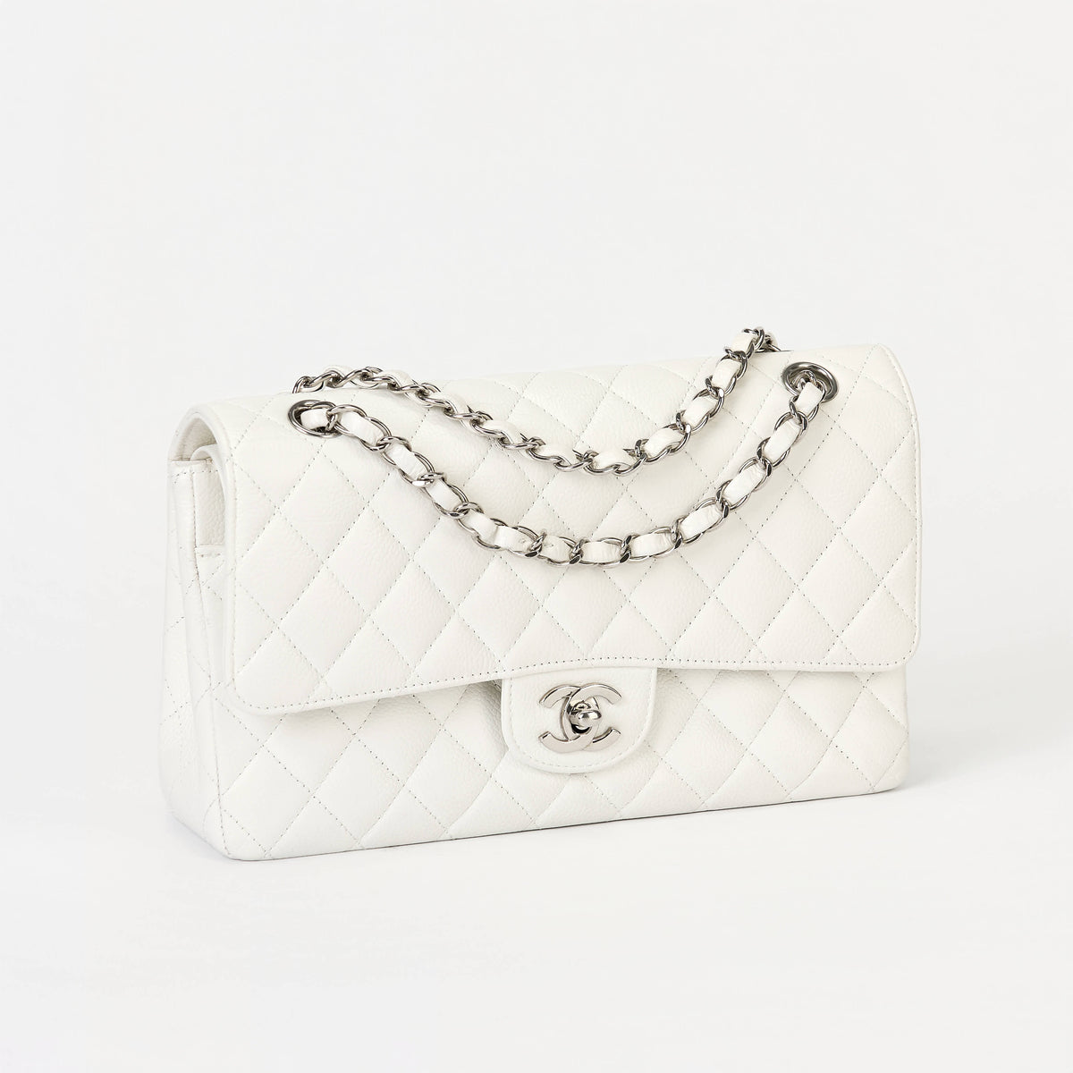 Chanel Classic Flap Bag White Caviar Leather Silver‑Tone Hardware