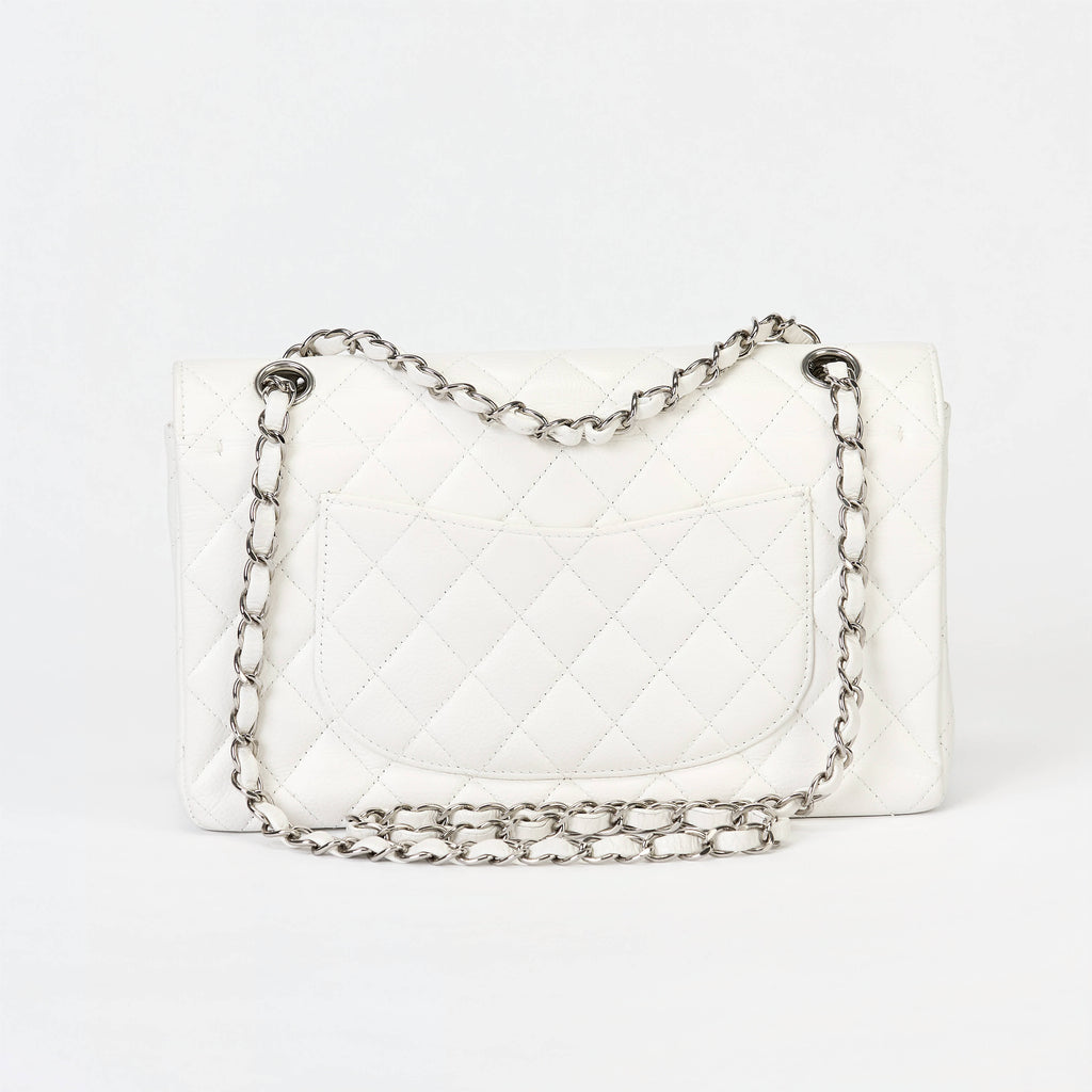 Chanel Classic Flap Bag White Caviar Leather Silver‑Tone Hardware