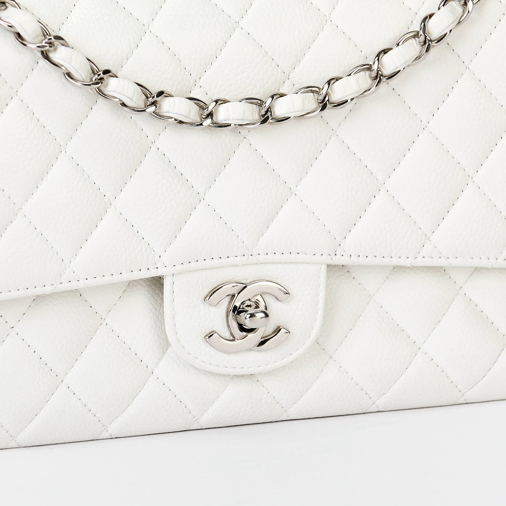 Chanel Classic Flap Bag White Caviar Leather Silver‑Tone Hardware