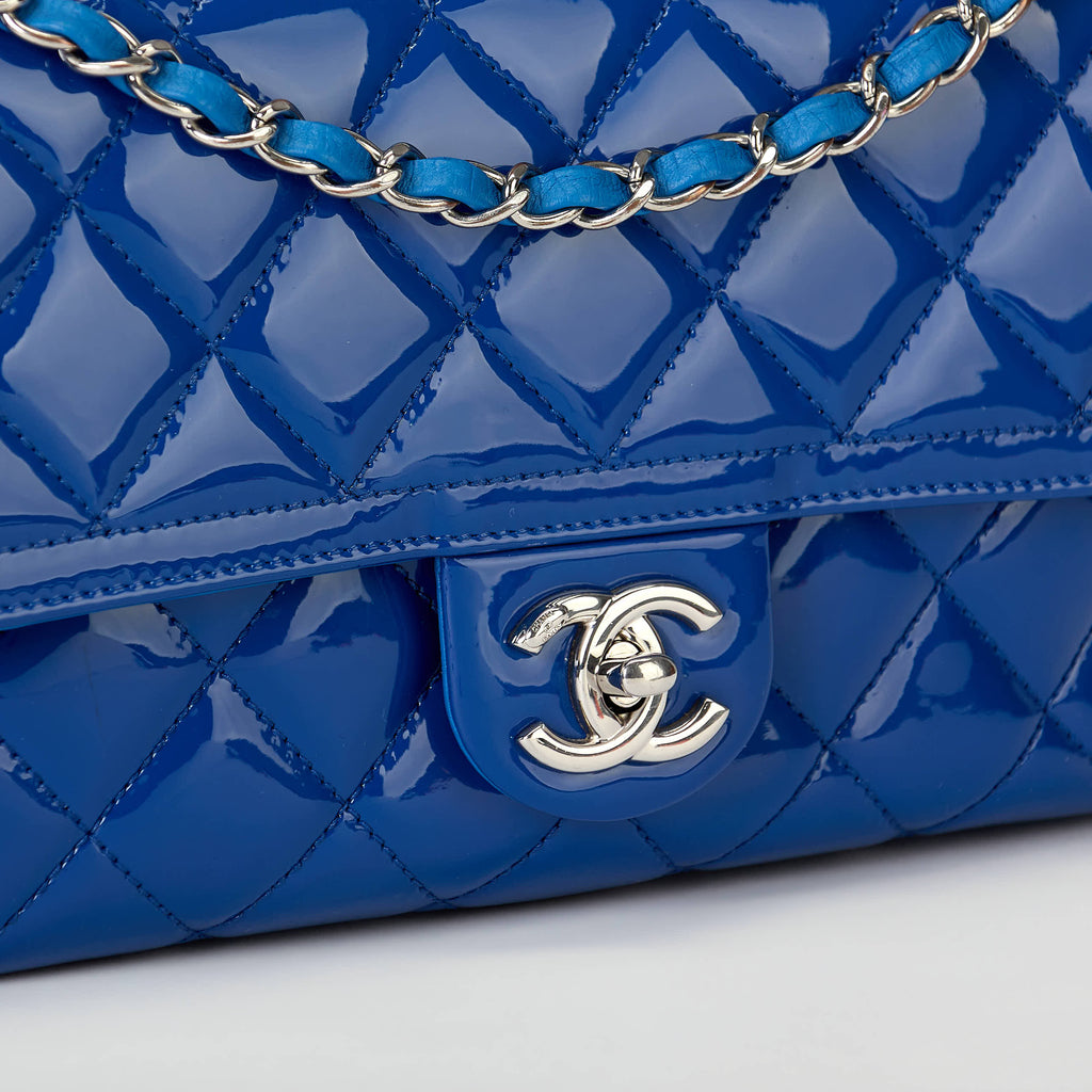 Chanel Classic Flap Bag Royal Blue Patent Leather Silver‑Tone Hardware