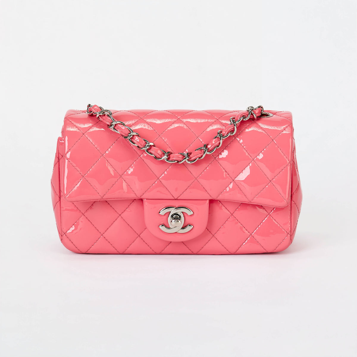 Chanel Small Classic Flap Bag Bubblegum Pink Patent Leather Silver‑Tone Hardware