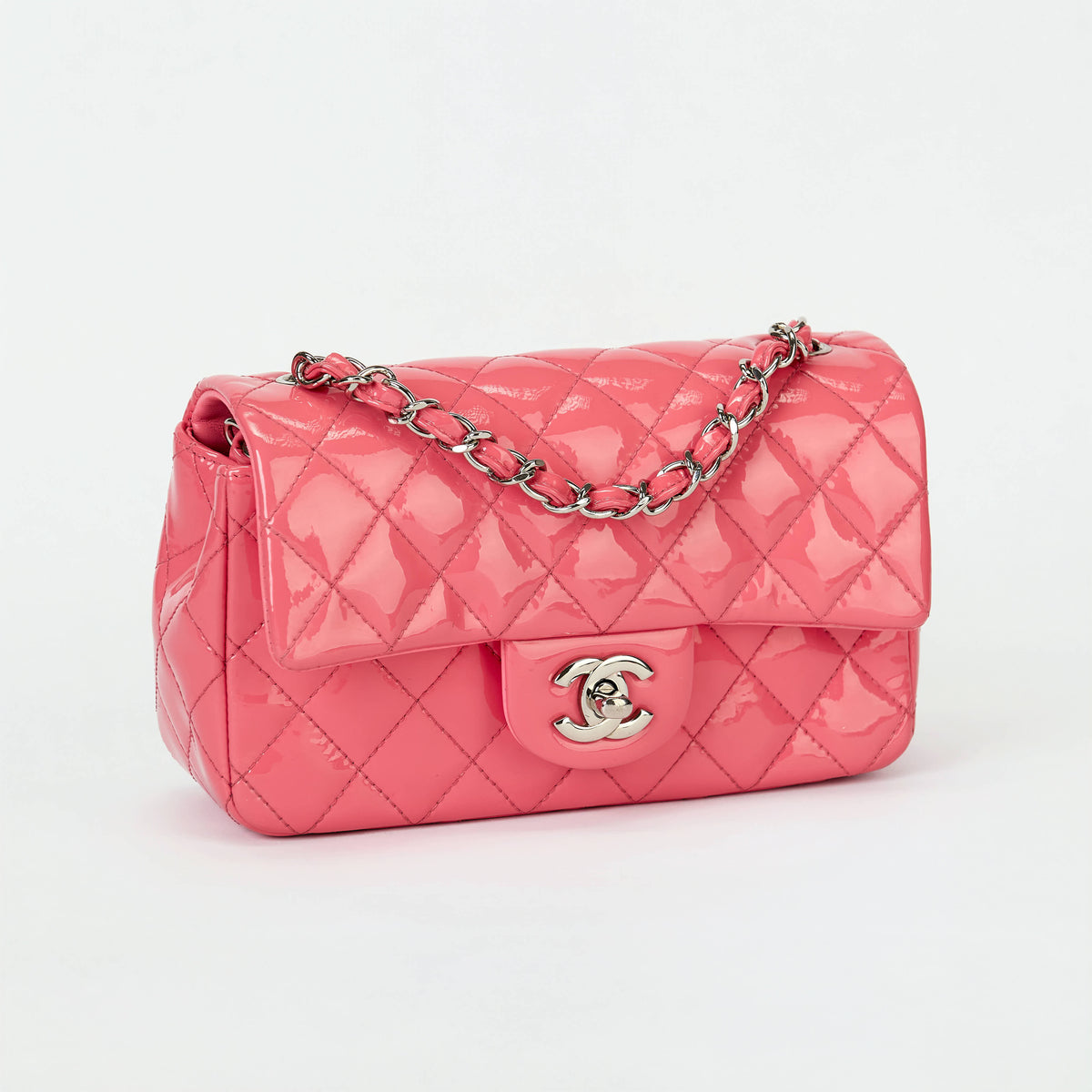Chanel Small Classic Flap Bag Bubblegum Pink Patent Leather Silver‑Tone Hardware