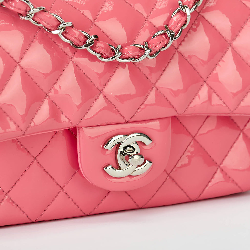 Chanel Small Classic Flap Bag Bubblegum Pink Patent Leather Silver‑Tone Hardware